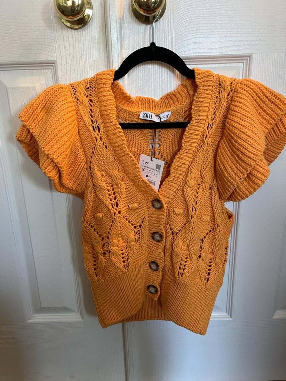 Zara Summery Orange crochet Knit Button-Down Short Sleeve Cardigan NWT!